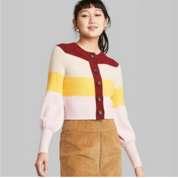 NWT Wild Fable Striped Button Up Balloon Sleeve Crop Sweater - Picture 2 of 8